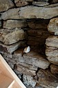 Détail : escalier en bois, mur en pierres sèches